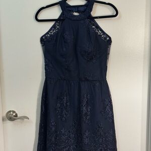Elegant Navy Lace Halter Dress